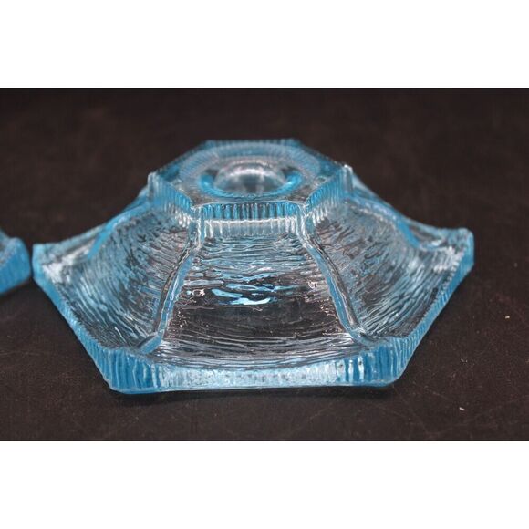 Vtg LE Smith Texture Glass Aqua Blue Hexagon Starfish Candle Holder Set of 2 - Picture 4 of 8